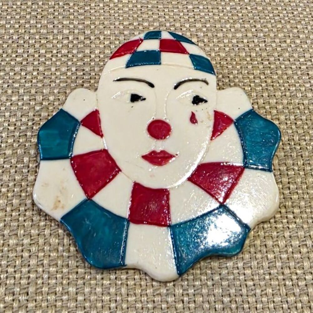 Vintage Clown Harlequin Face Brooch Pin Plastic White Red Blue Enamel Style 2.5"